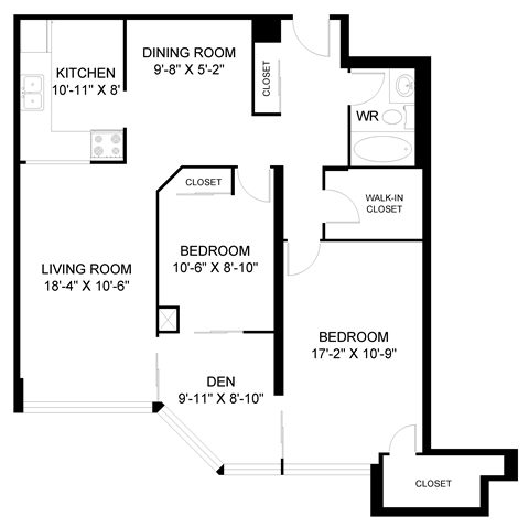 Floor plan for 2 beds, 1 bath, 1049 sqft
